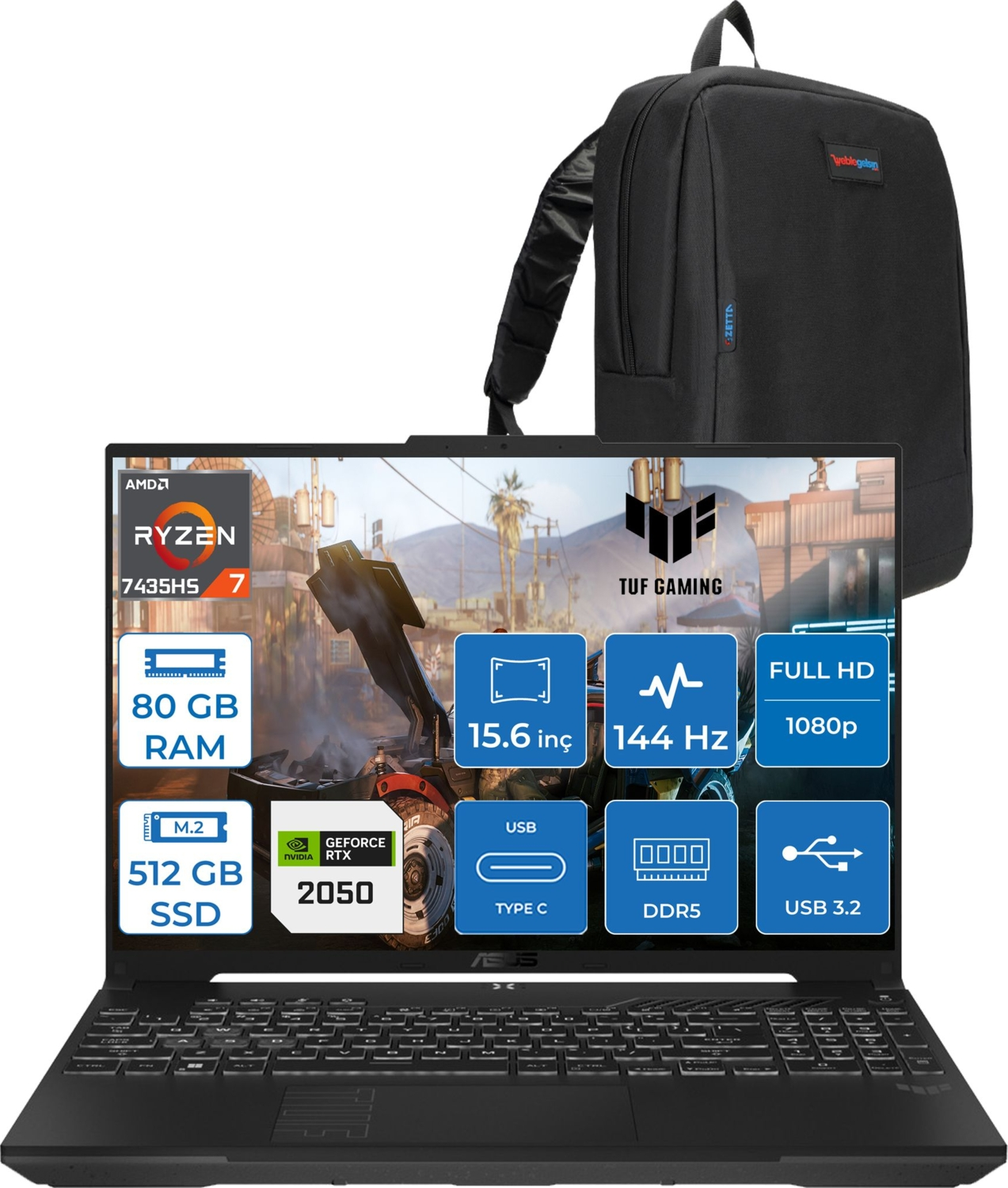 80 GB RAM, 512 GB SSD, RTX 2050 gibi özellikler gösteren bir dizüstü bilgisayarın üzerinde siyah bir sırt çantası.