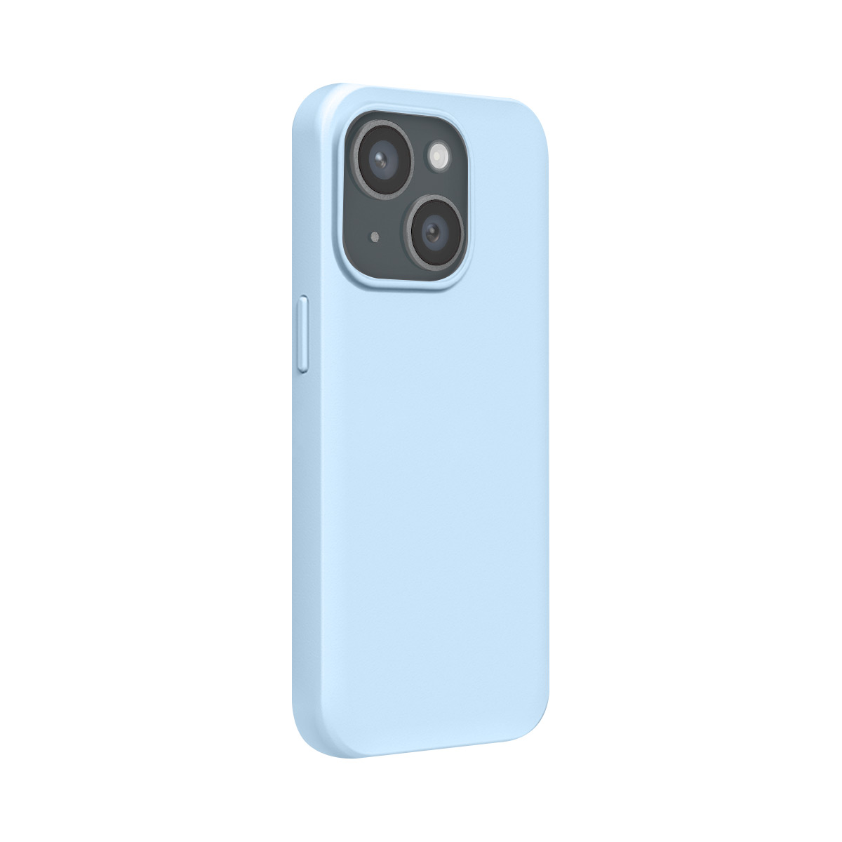 Een lichtblauwe telefoonhoes met twee cameralenzen en een flitser.