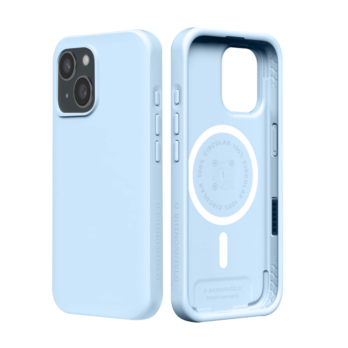 Twee lichtblauwe telefoonhoesjes op een witte achtergrond. Eén toont camera's, de andere de binnenkant.