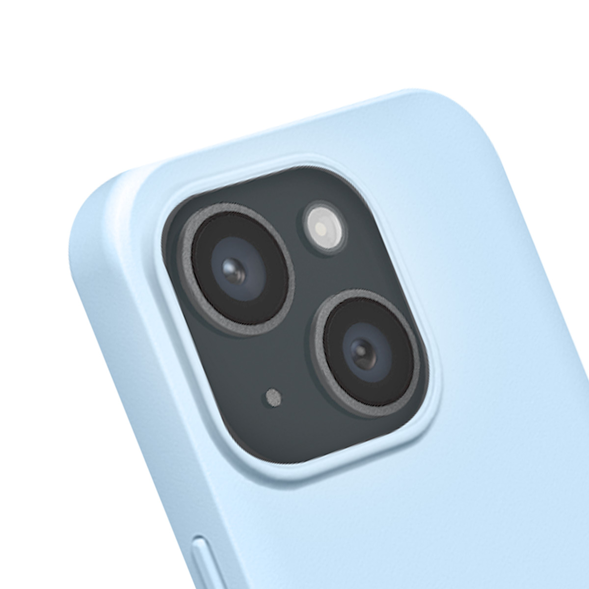 Lichtblauwe telefoonhoes met dubbele camera en flitser.
