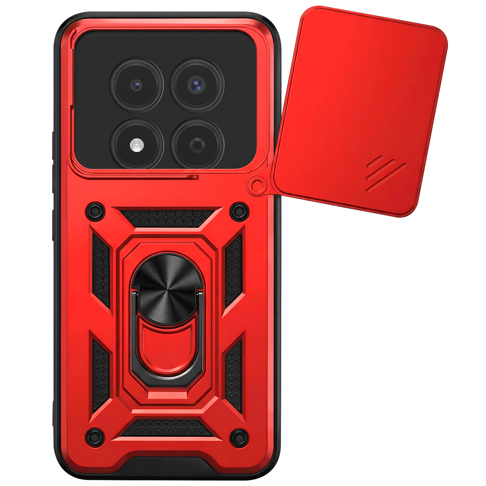 Rode telefoonhoes met vier camera's en een schuifdeksel mechanisme.