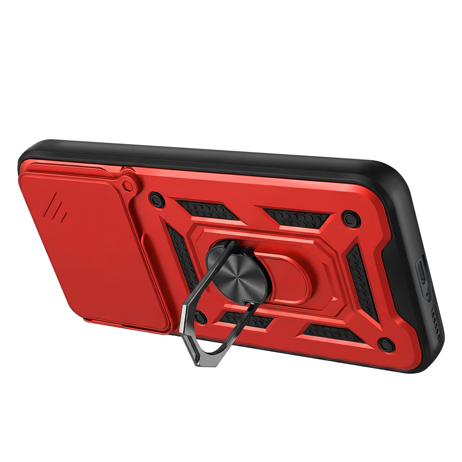 Rode telefoonhoes met zwart frame en ringhouder aan de achterkant.