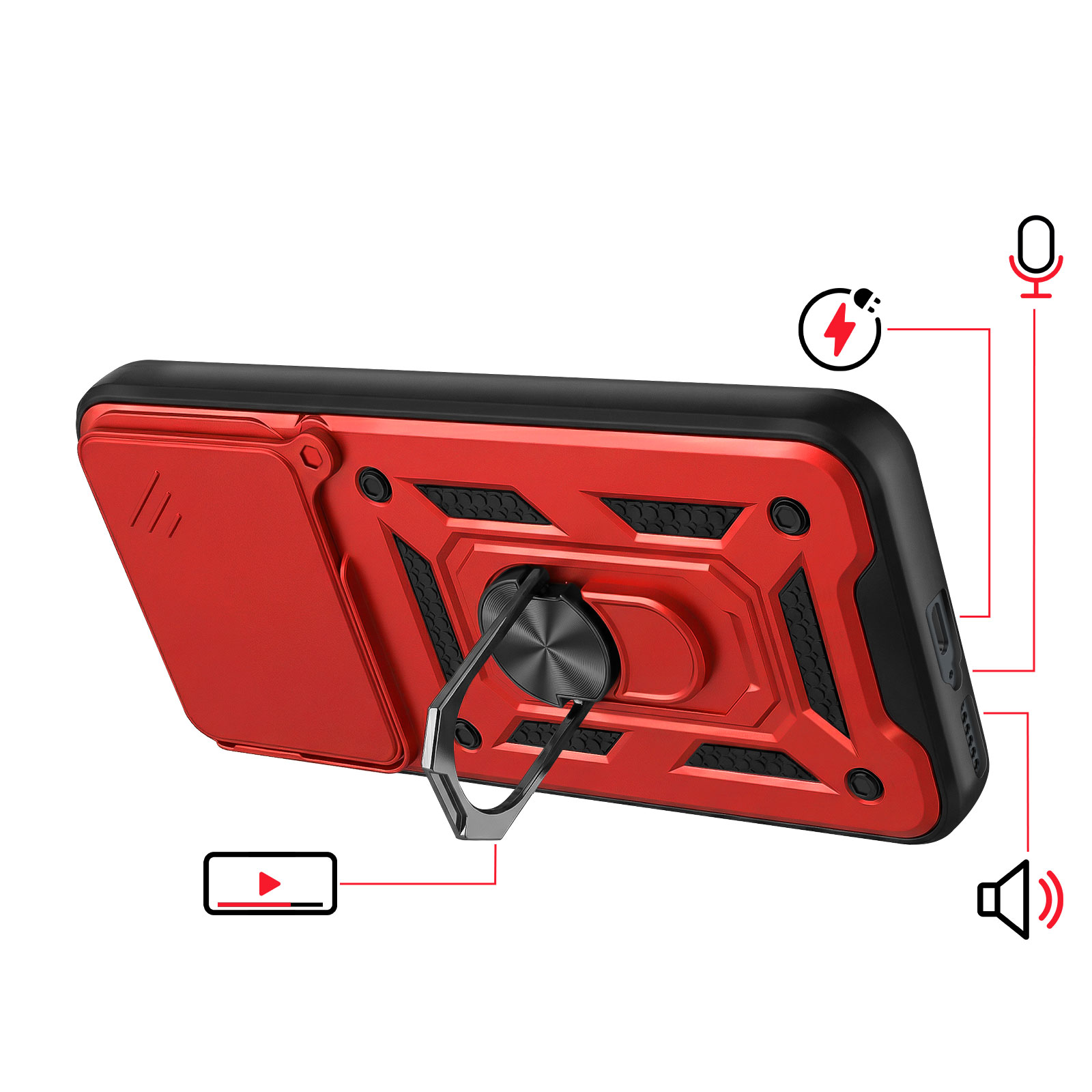 Rode telefoonhoes met standaard en schuifbare cameralens.