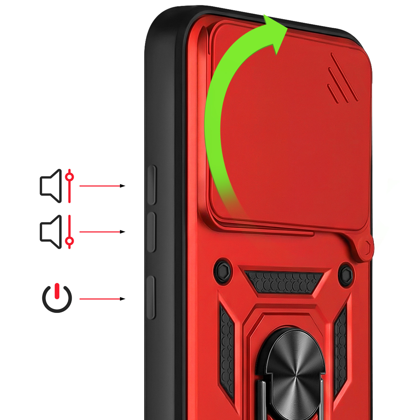 Rode telefoonhoes met volume-, aan/uit-iconen en pijl.