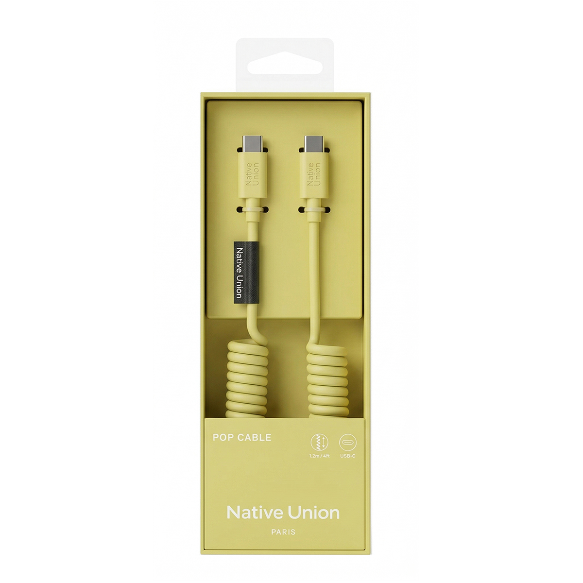 Un cavo di ricarica giallo Native Union con connettori USB-C in confezione gialla.