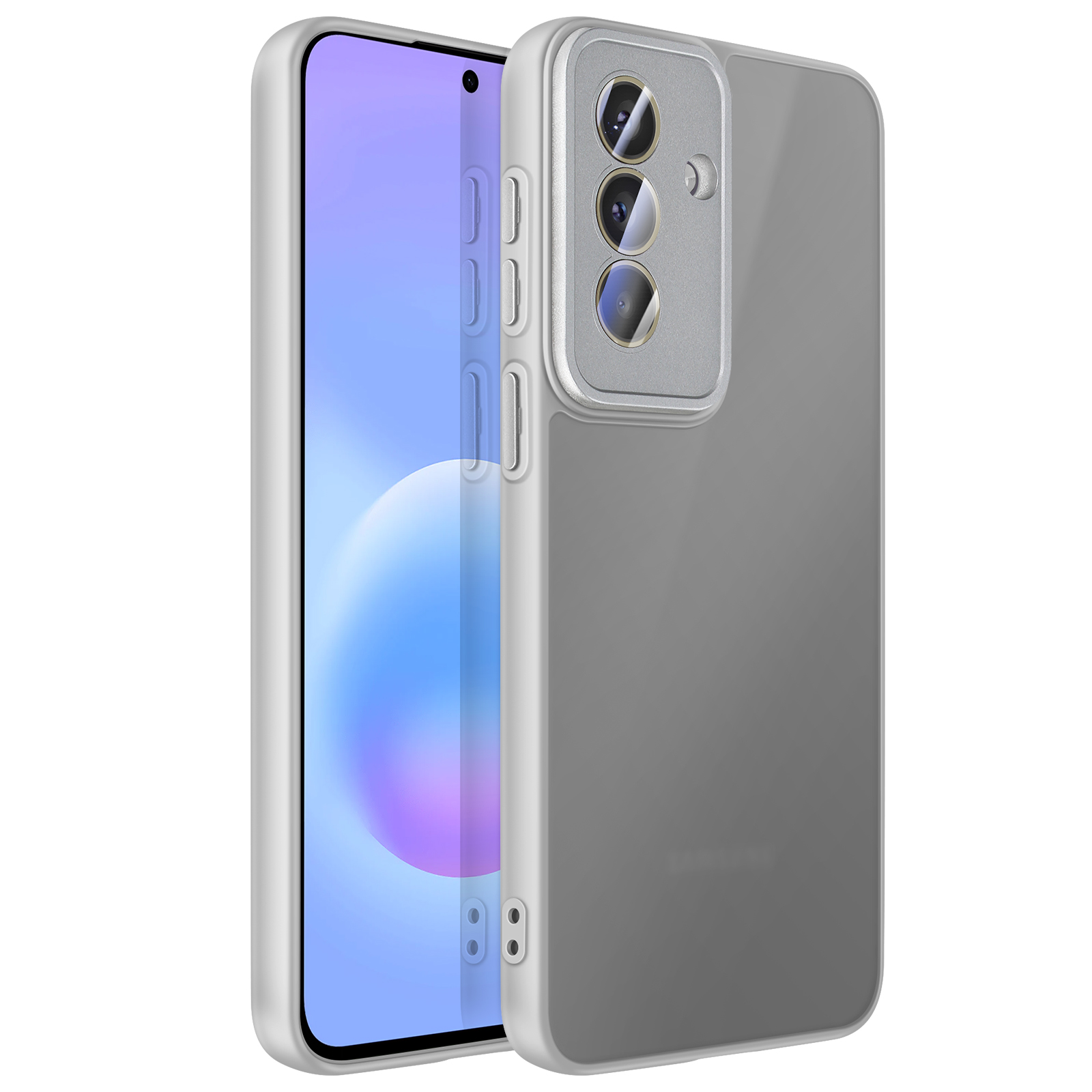 Een transparante grijze telefoonhoes met een zilveren camerahuis omlijst een telefoonscherm.