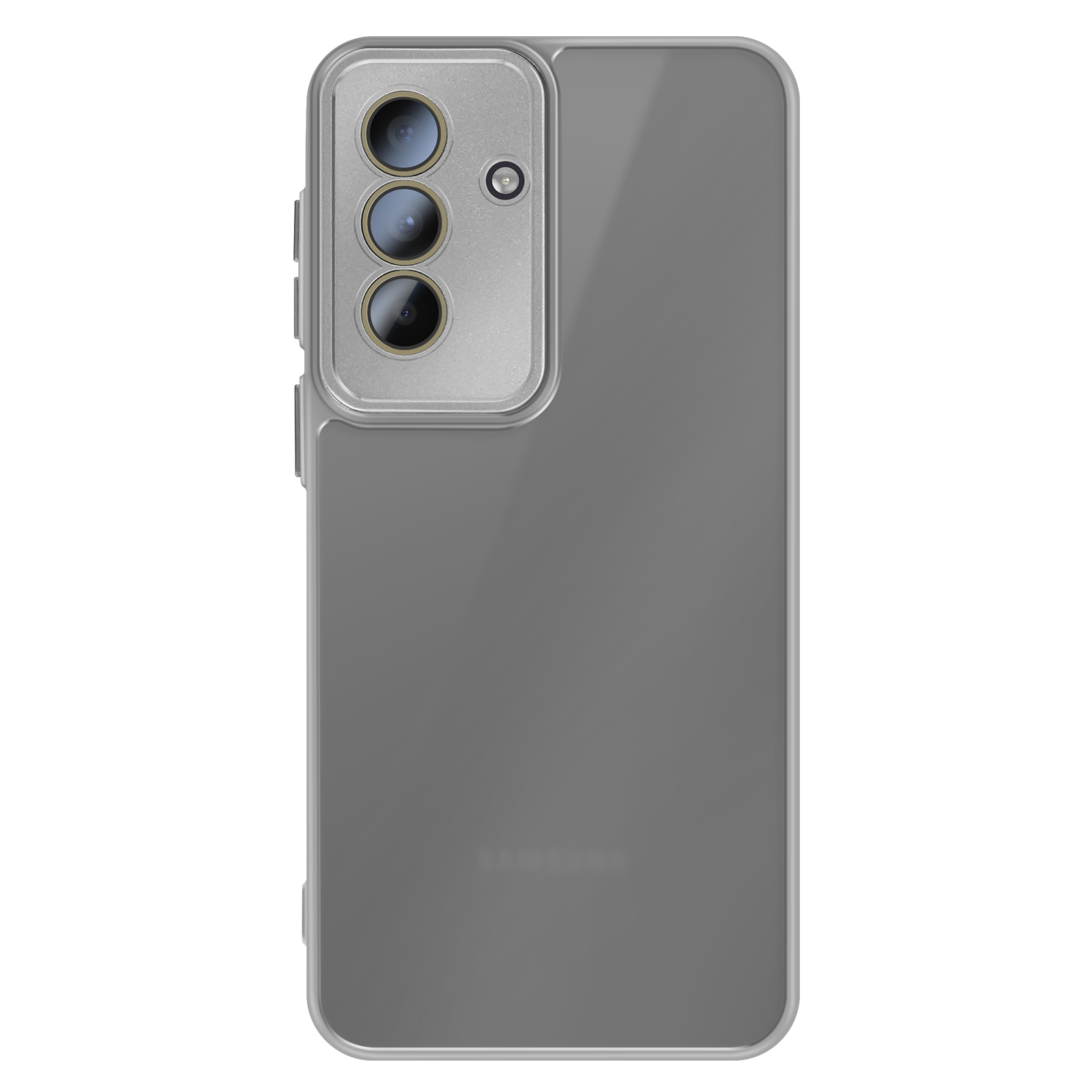 Grijze smartphone met drie camera's en flitser aan de achterkant.