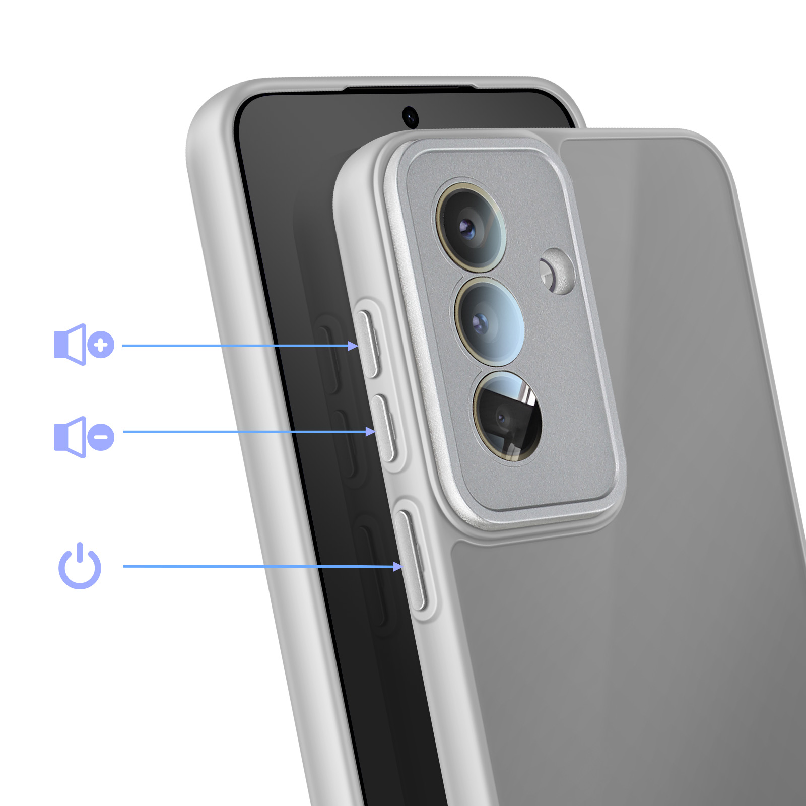 Grijze telefoon met drie cameralenzen, volume- en aan/uitknoppen.