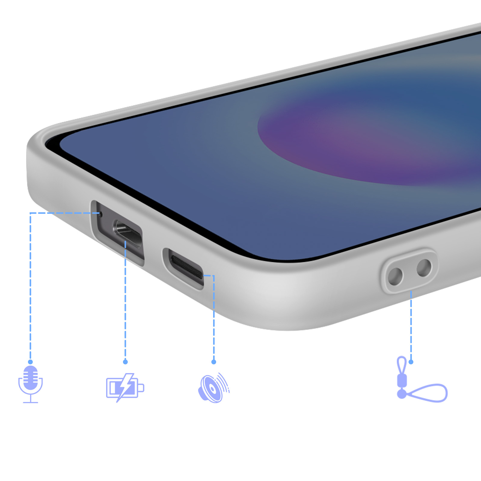 Een grijze telefoonhoes met poorten: microfoon, opladen, luidspreker en sleutelkoord-oogje.