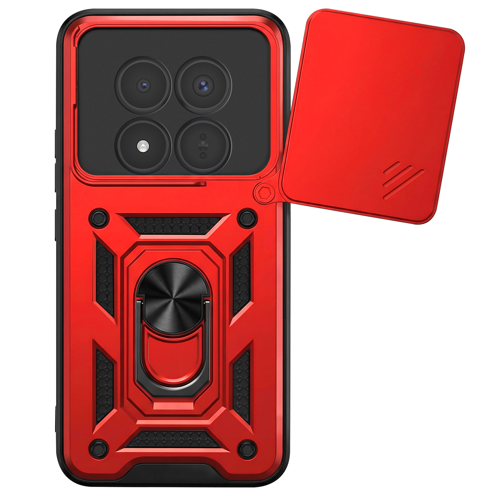 Rode telefoonhoes met camerablok, ringhouder en schuifhoes.