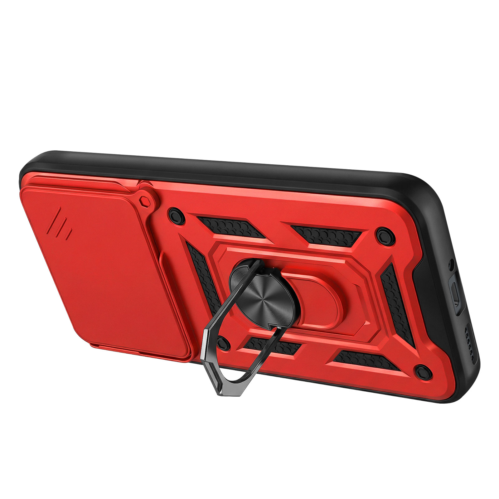 Rode telefoonhoes met zwart frame, schuifbare cameradop en metalen ringstandaard.