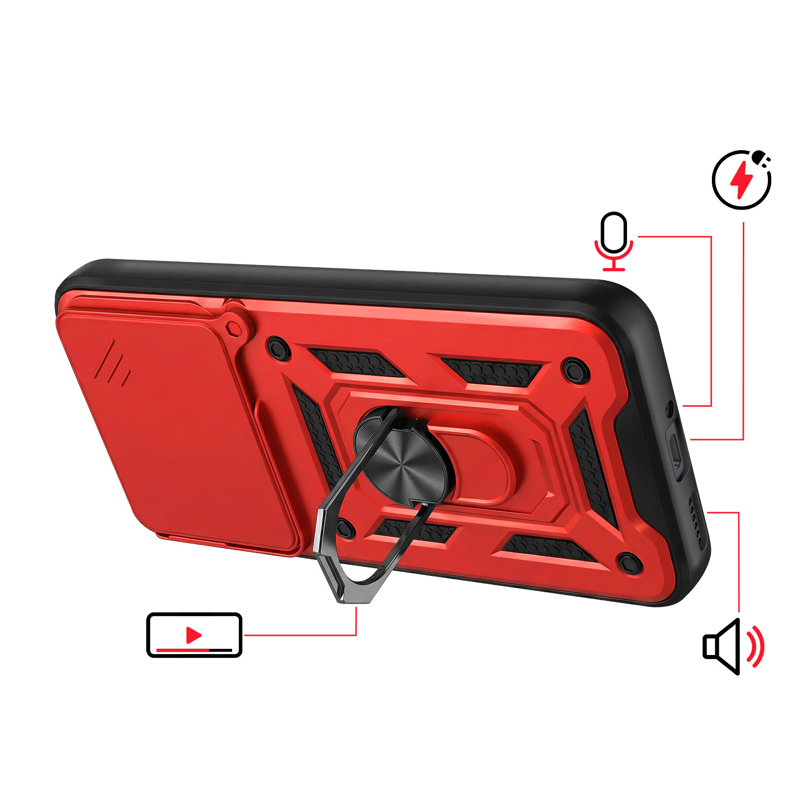 Rode telefoonhoes met ringhouder, microfoon- en oplaadicoon.