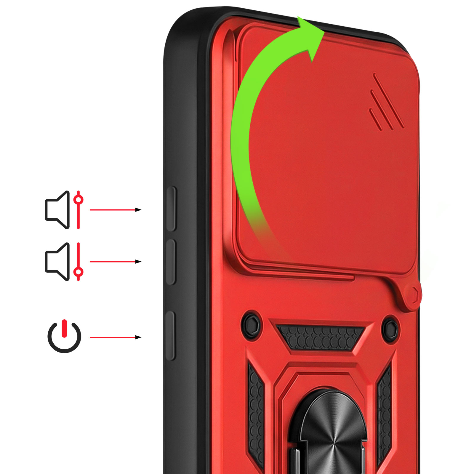 Rode telefoonhoes met volume- en aan/uit-pictogrammen en een groene pijl.