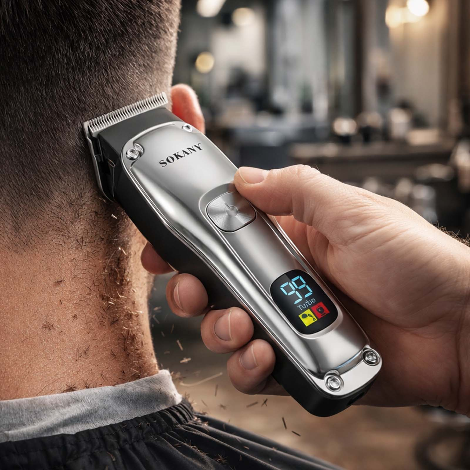 Eine Hand hält einen silbernen Haarschneider mit digitaler Anzeige, der an einem Nacken schneidet.