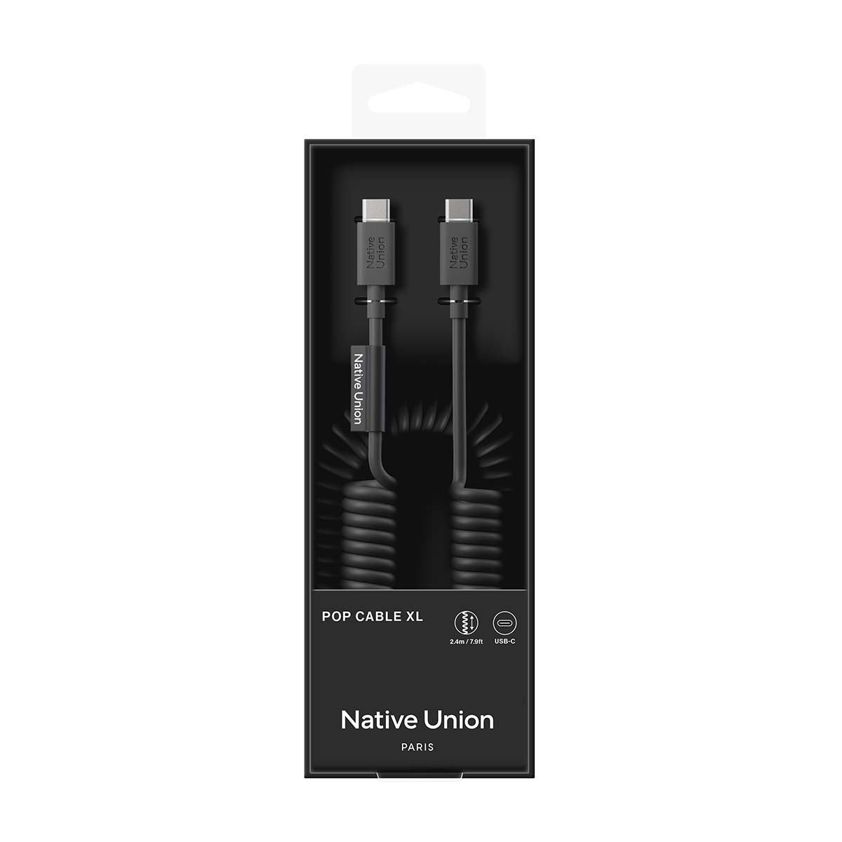 Cavo USB-C nero Native Union in confezione, con logo e dettagli di lunghezza.