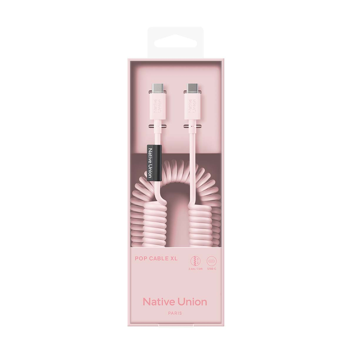 Native Union POP CABLE XL rose avec câble spiralé et connecteurs USB-C.