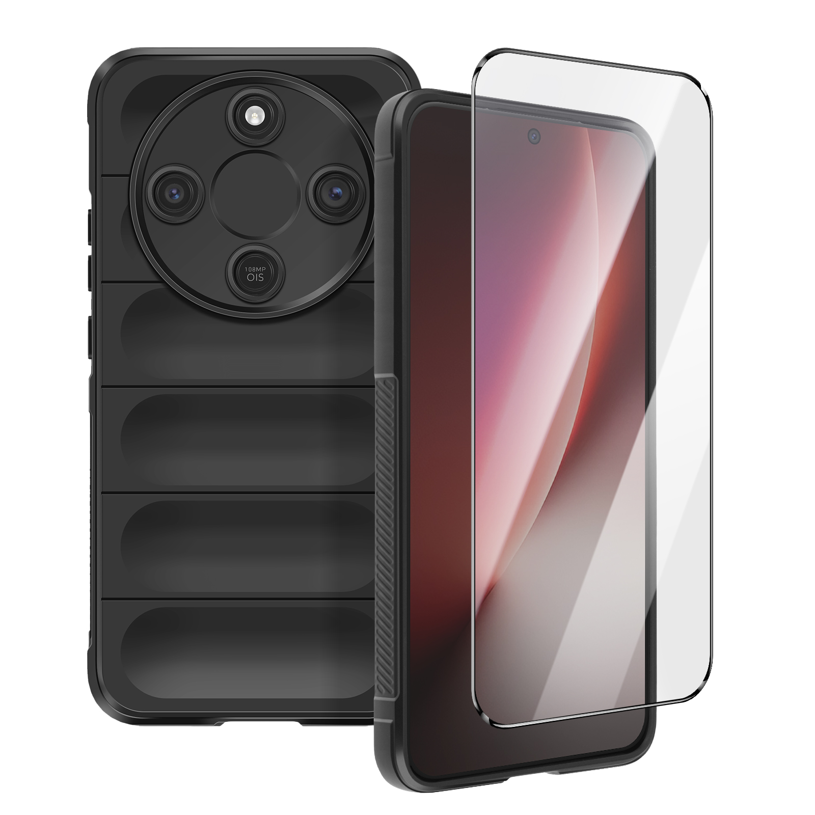 Coque de téléphone noire et protecteur d'écran sur fond blanc.