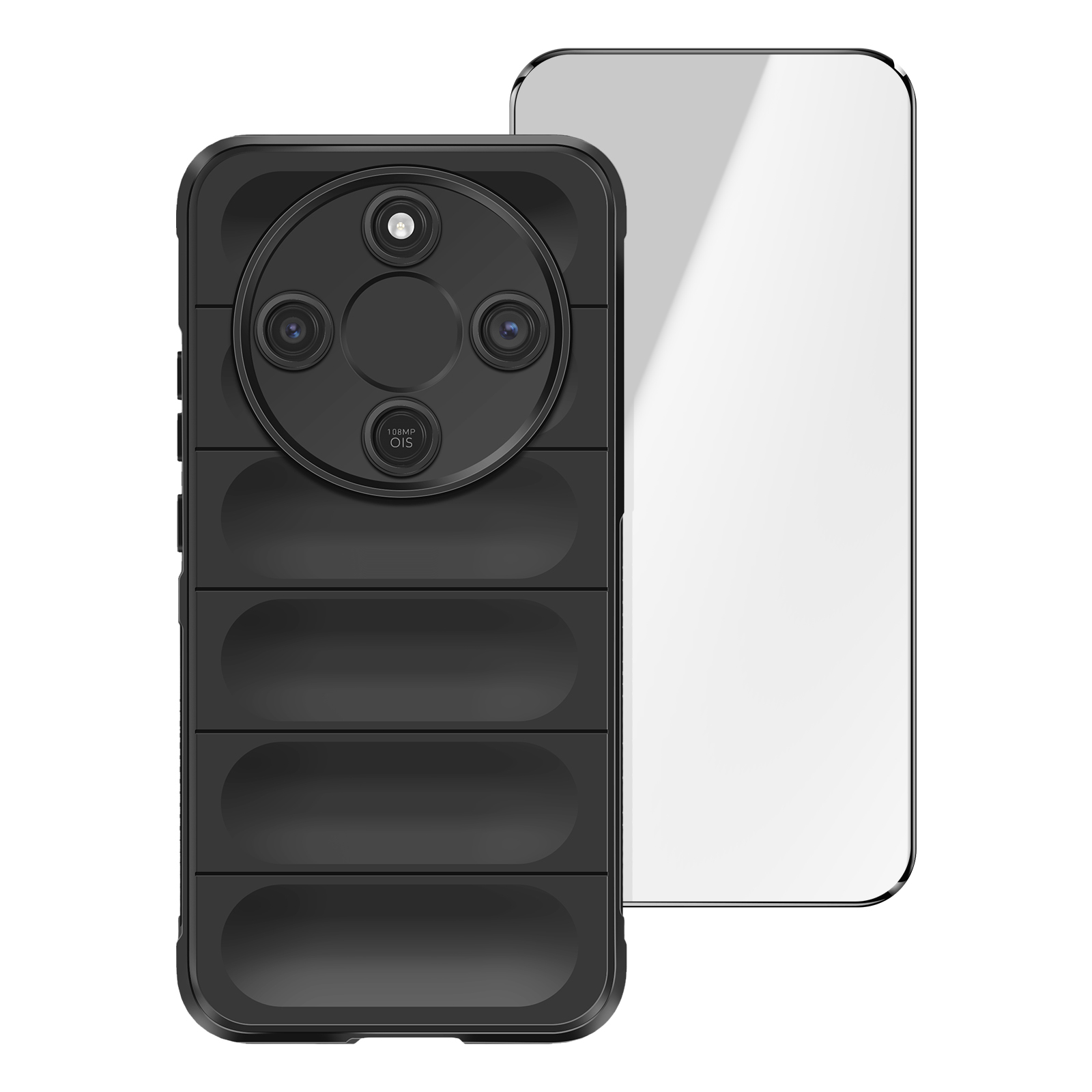 Coque de téléphone noire avec quatre caméras et un protecteur d'écran de confidentialité.