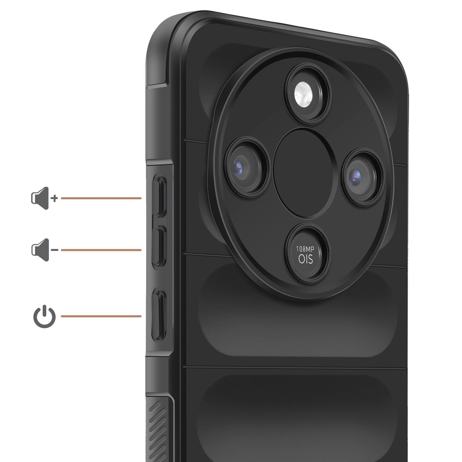 Gros plan de l'arrière d'un smartphone noir avec trois caméras et des boutons.