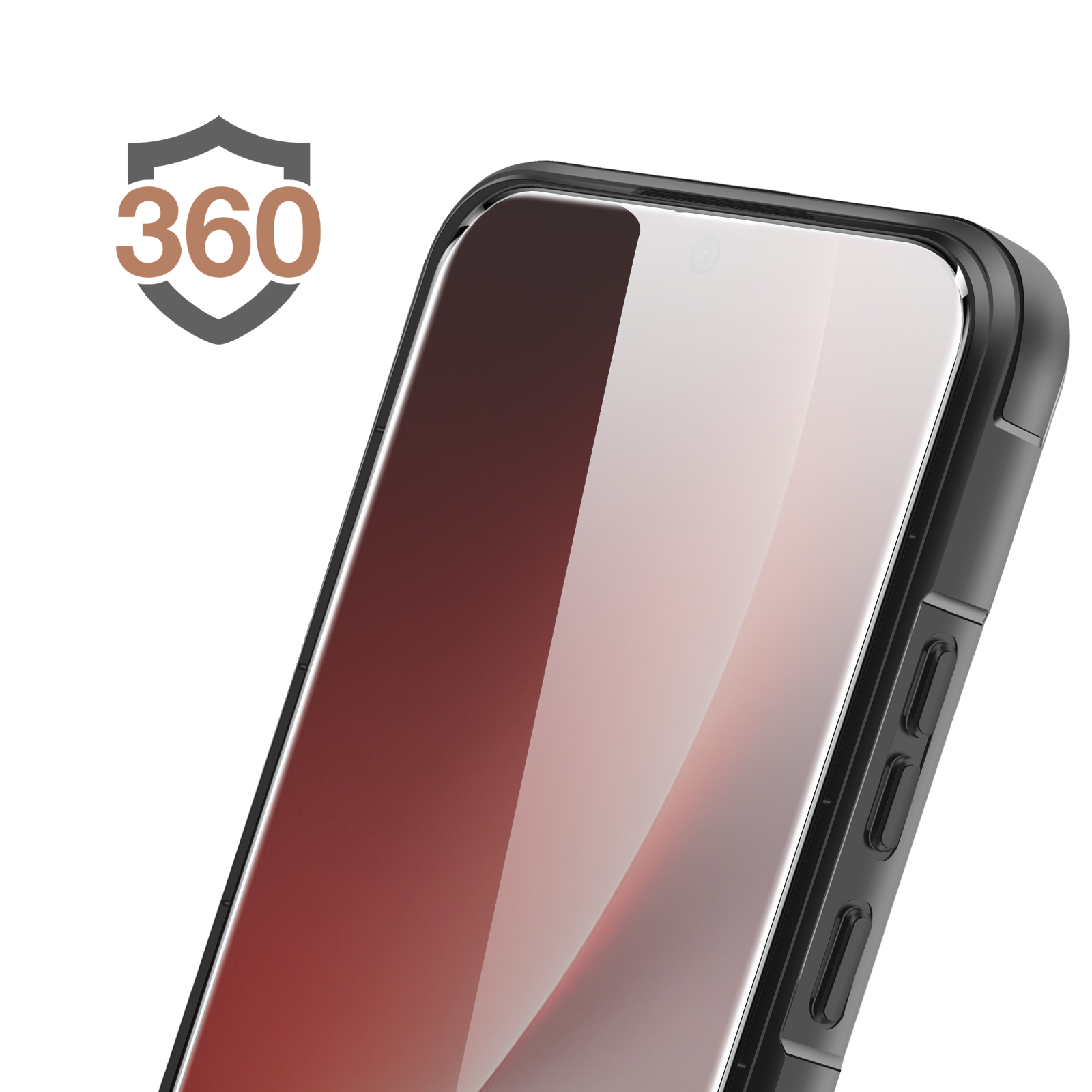 Un téléphone noir avec un symbole de protection 360.