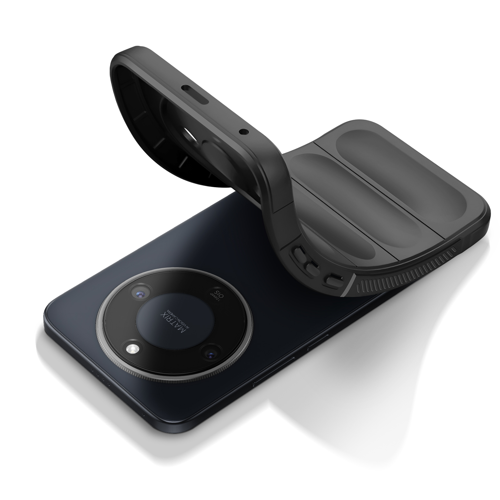 Étui de téléphone noir sur un smartphone sombre avec un réseau de caméras.