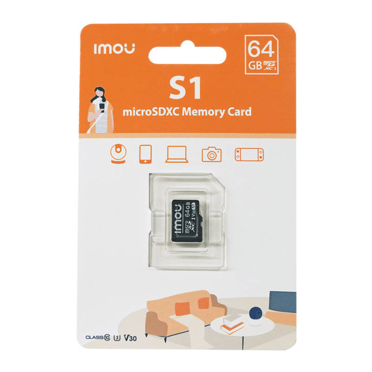 Imou S1 microSDXC Speicherkarte 64GB in Verpackung mit Wohnzimmerszene.