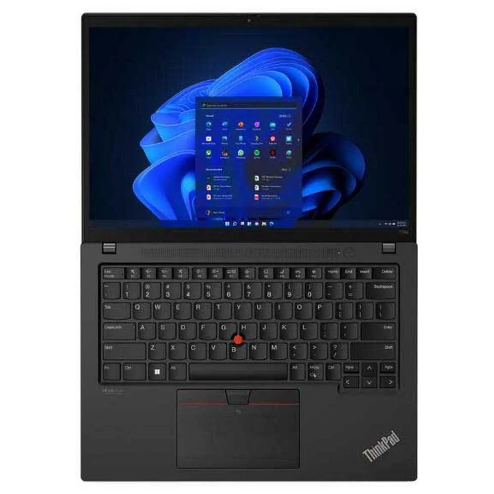 Een zwarte laptop met toetsenbord, touchpad en verlicht scherm met Windows-pictogrammen.