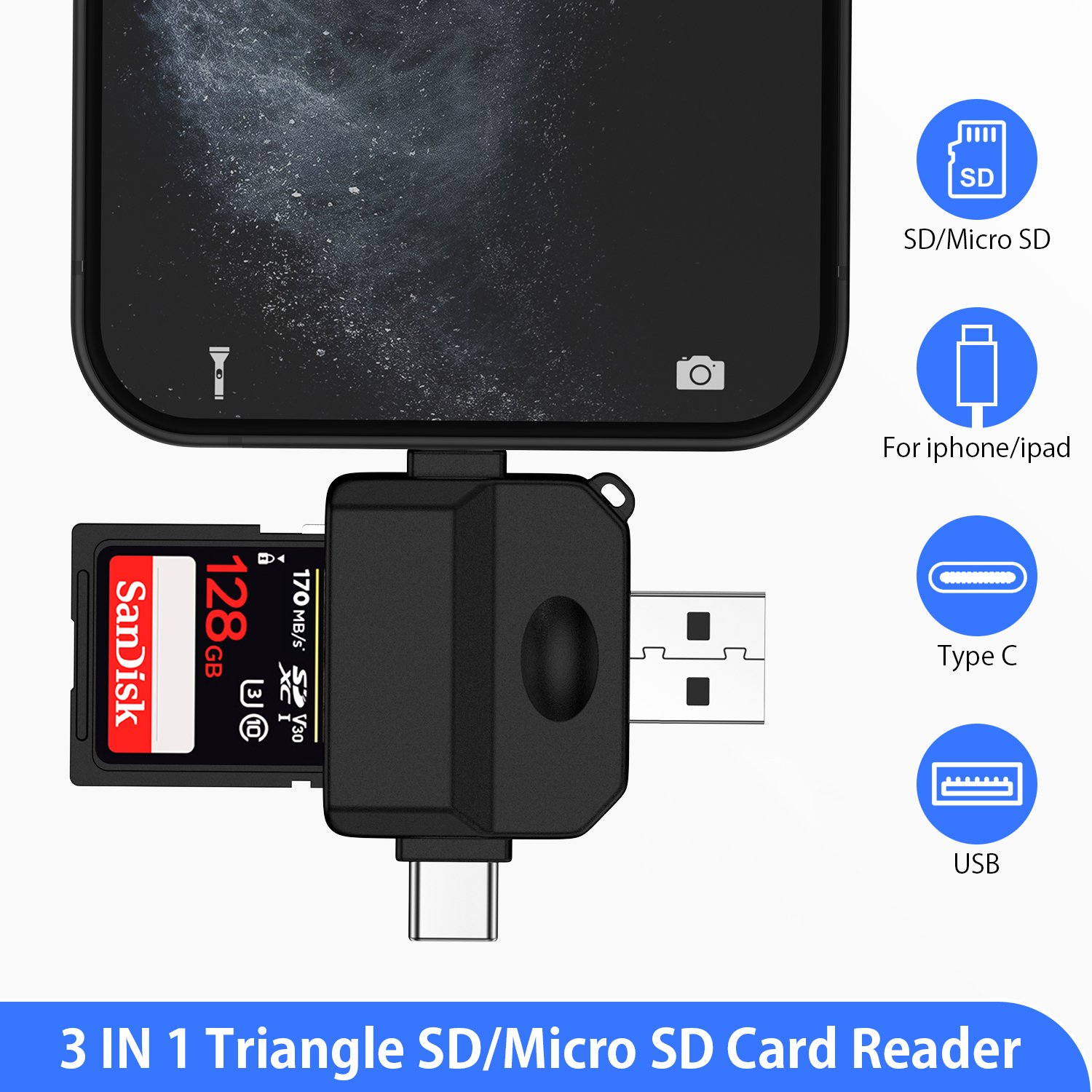 Ein schwarzer 3-in-1-Kartenleser wird mit einem Telefon verbunden, mit SD-, Typ-C- und USB-Anschlüssen.