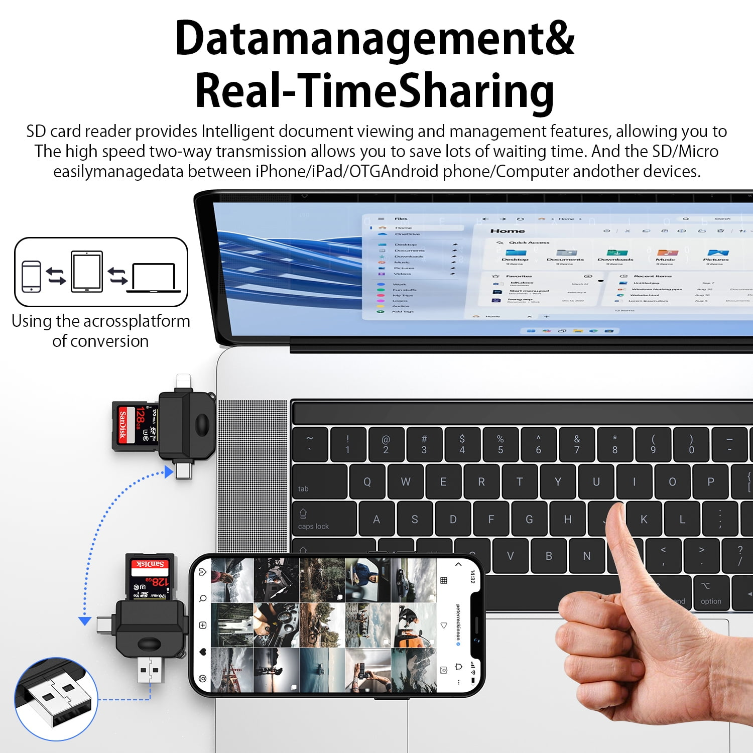 SD-Kartenleser mit USB-C- und USB-A-Anschlüssen, verbunden mit Laptop und Smartphone.