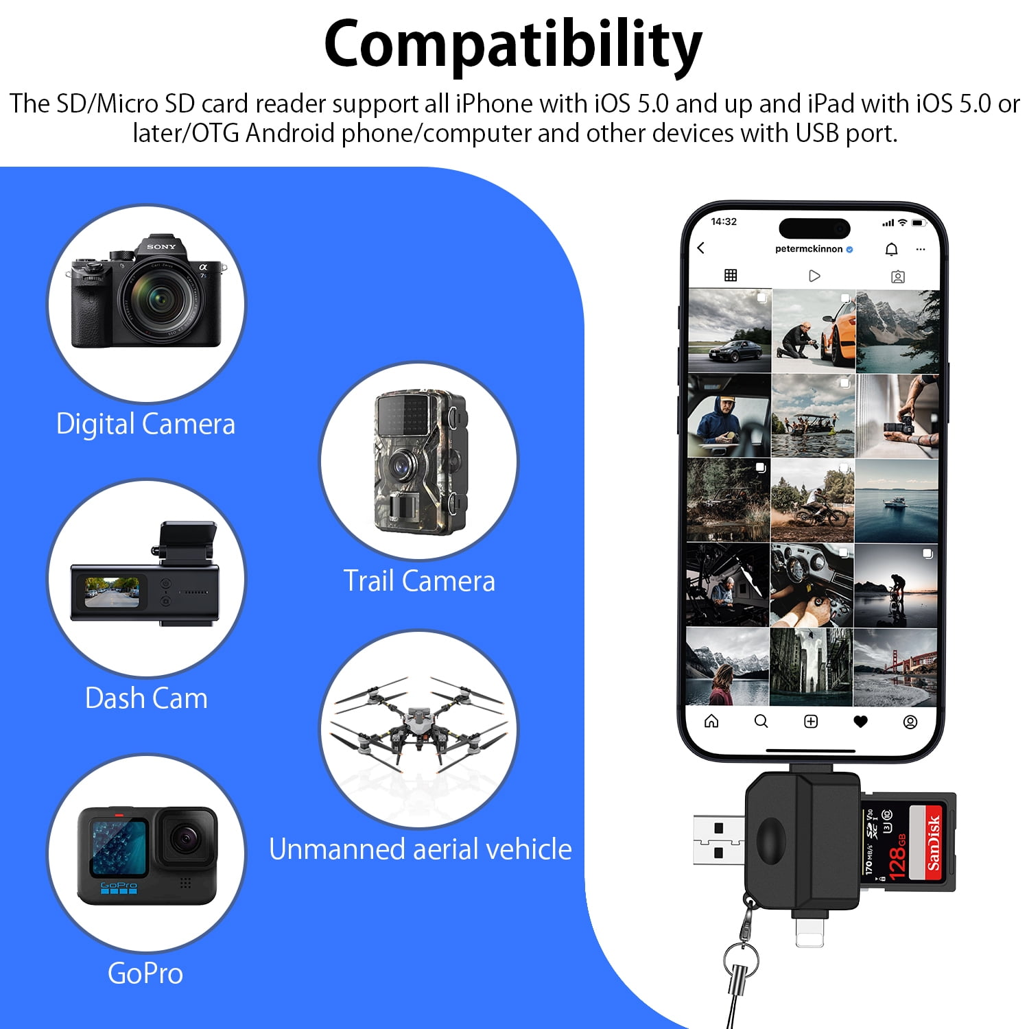 Kompatibilität: Digitalkamera, Dashcam, GoPro, Wildkamera, Drohne, Smartphone mit Kartenleser.