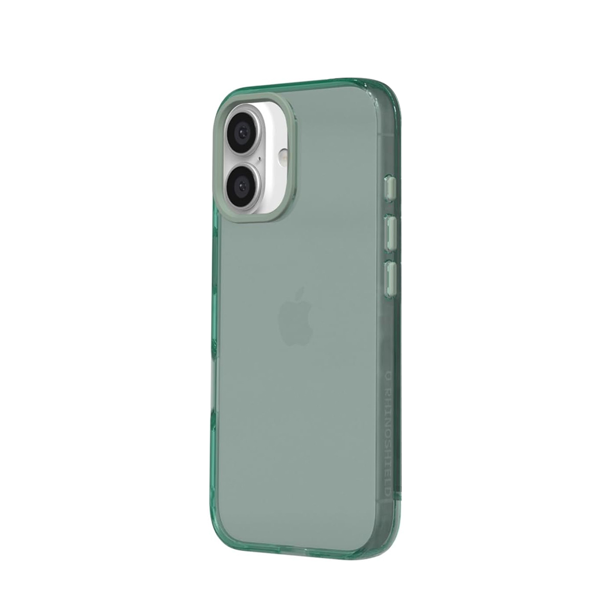 Grüne iPhone-Hülle mit doppeltem Kamerausschnitt und Seitentasten.