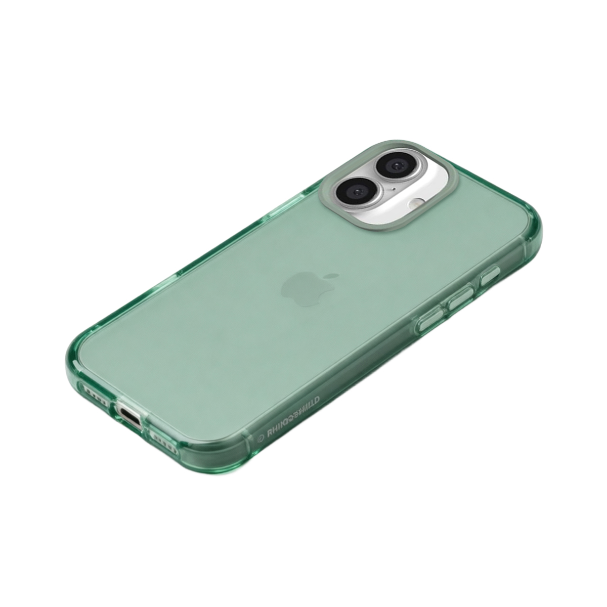 Eine durchsichtige grüne iPhone-Hülle mit zwei Kameras und dem Apple-Logo.