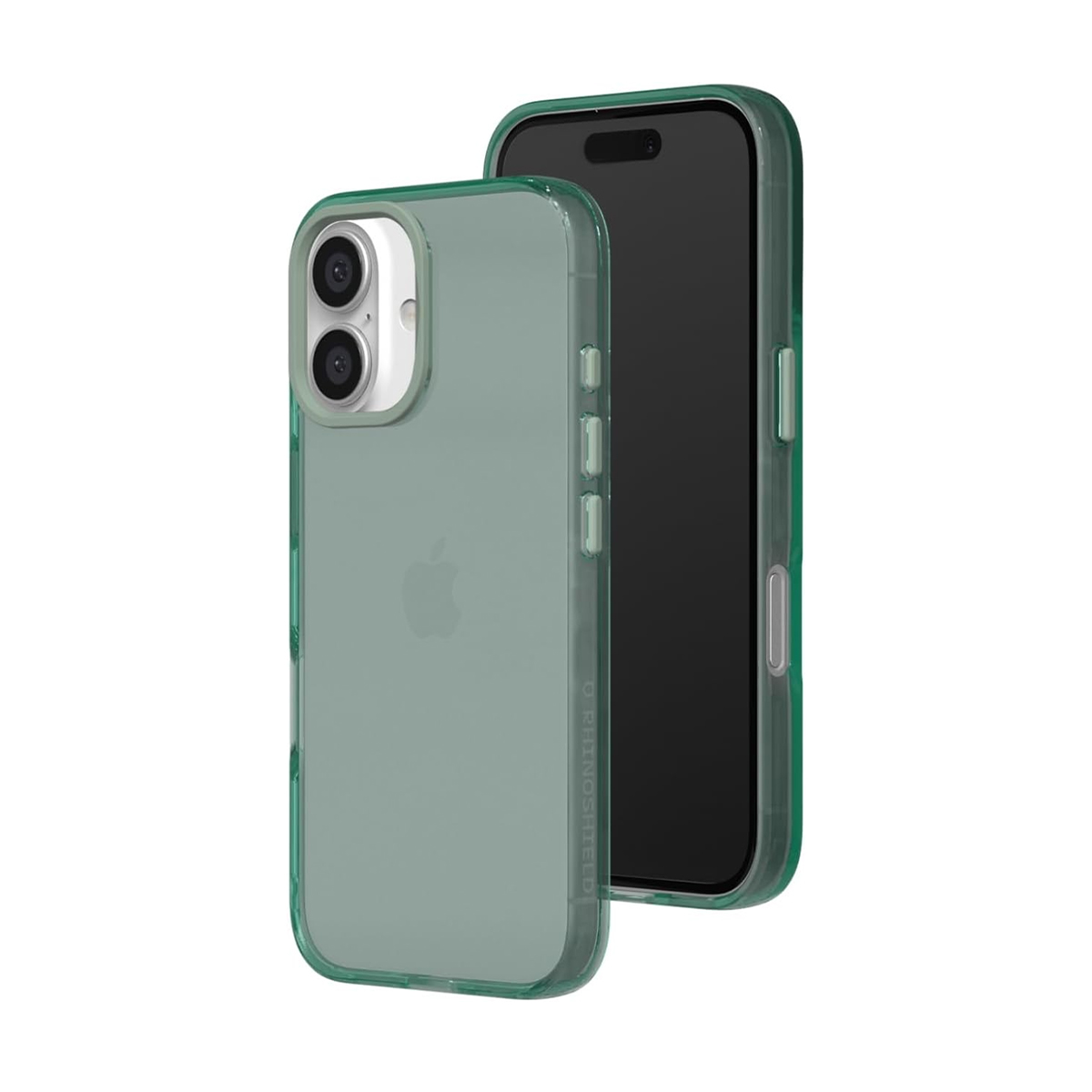 Ein durchsichtiger grüner Handyhülle mit zwei Kameras auf einem schwarzen Handy.