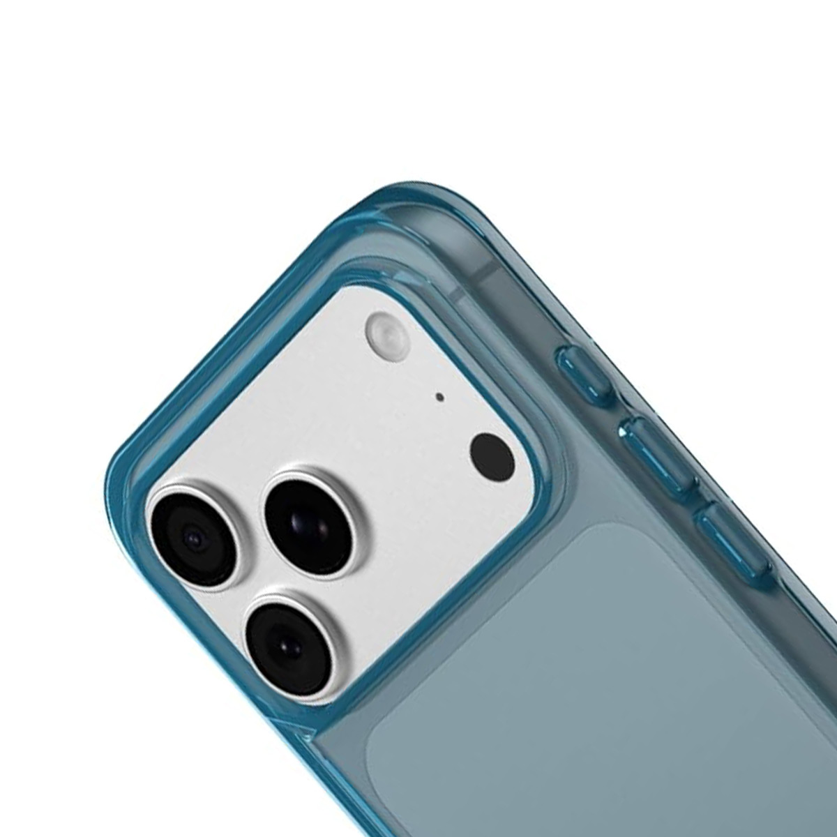 Nahaufnahme einer blauen Handyhülle mit drei Kameralinsen und einem Blitz.