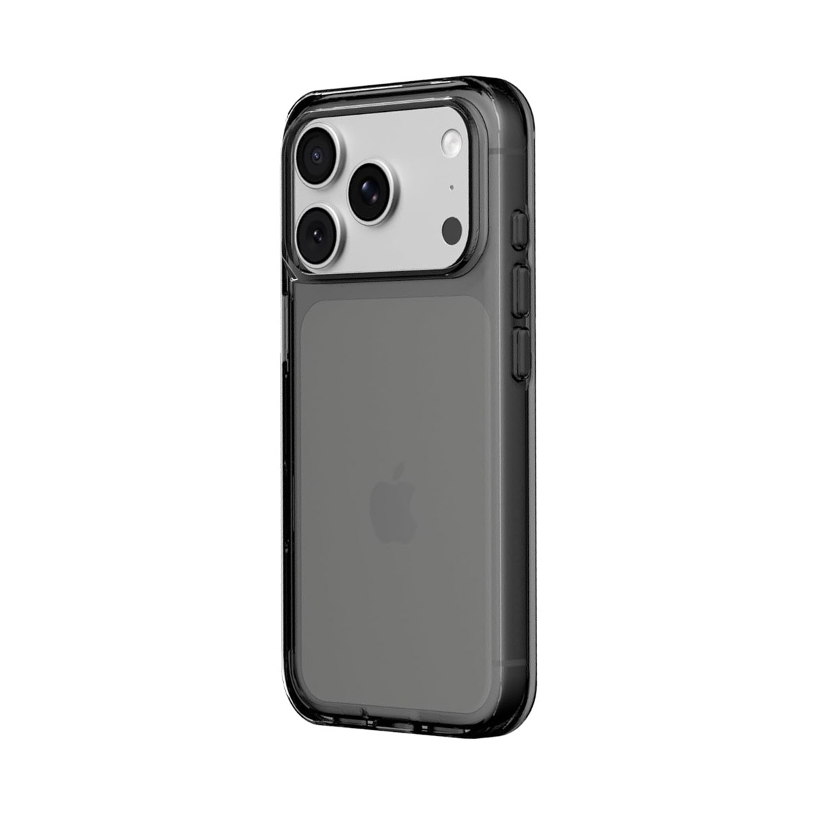 Un iPhone sombre avec trois caméras dans un étui transparent, sur fond blanc.