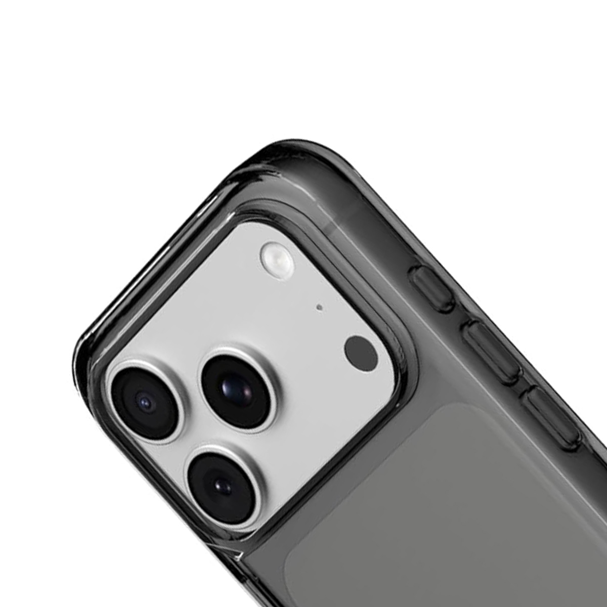 Gros plan d'une coque de téléphone transparente foncée montrant triple objectif et boutons.