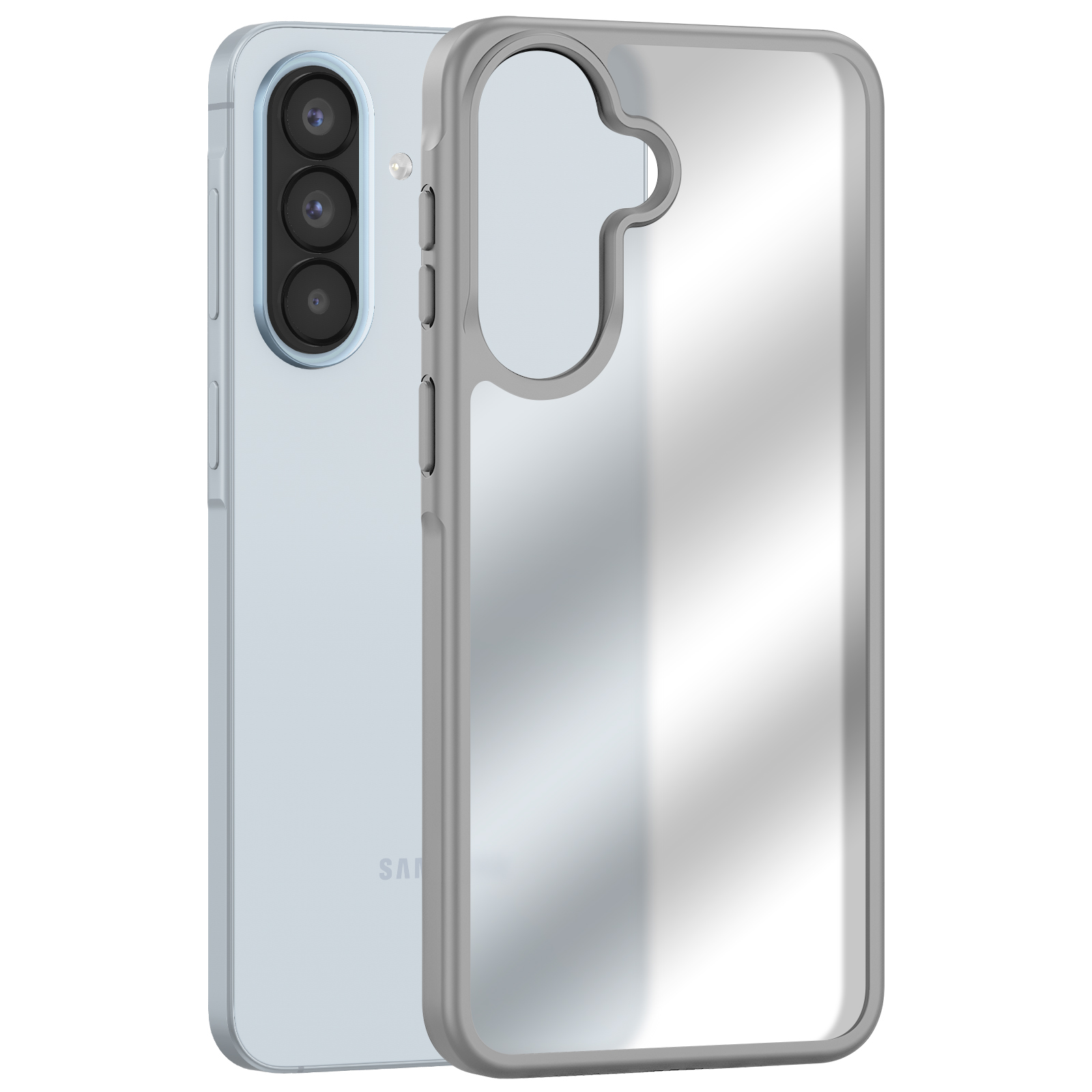 Een lichtblauwe smartphone met drie camera's en ernaast een doorzichtige hoes.
