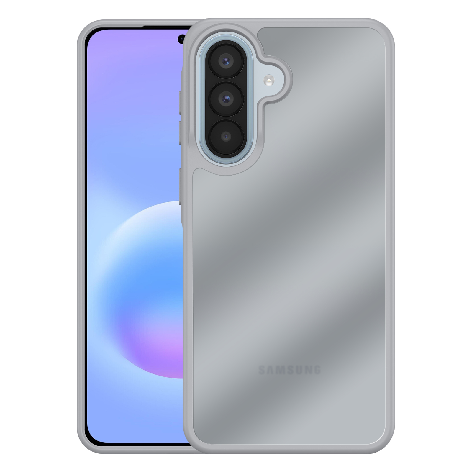 Grijze Samsung telefoon met drievoudige camera en doorzichtige hoes.