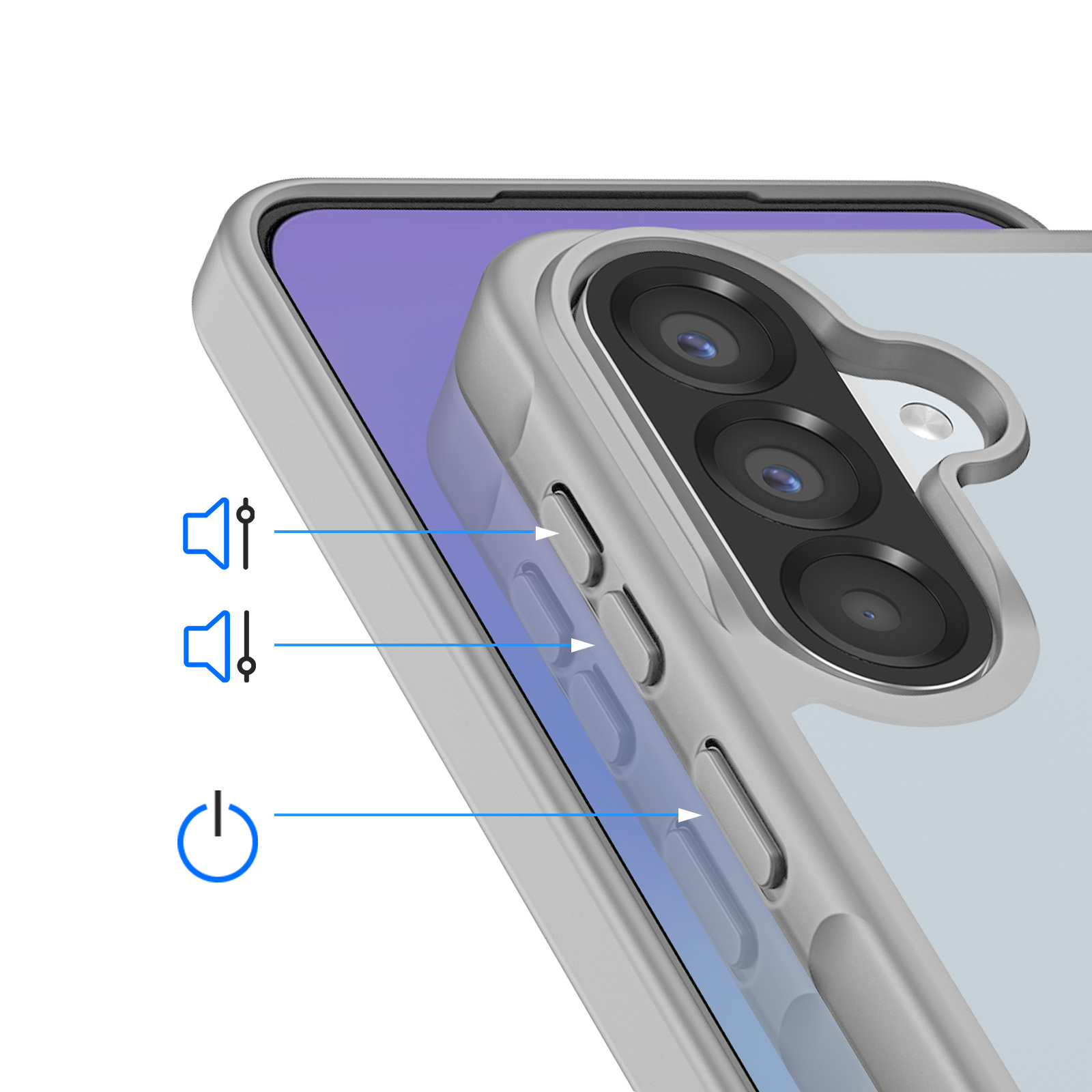 Close-up van een grijze telefoonhoes met volume- en aan/uit-pictogrammen.