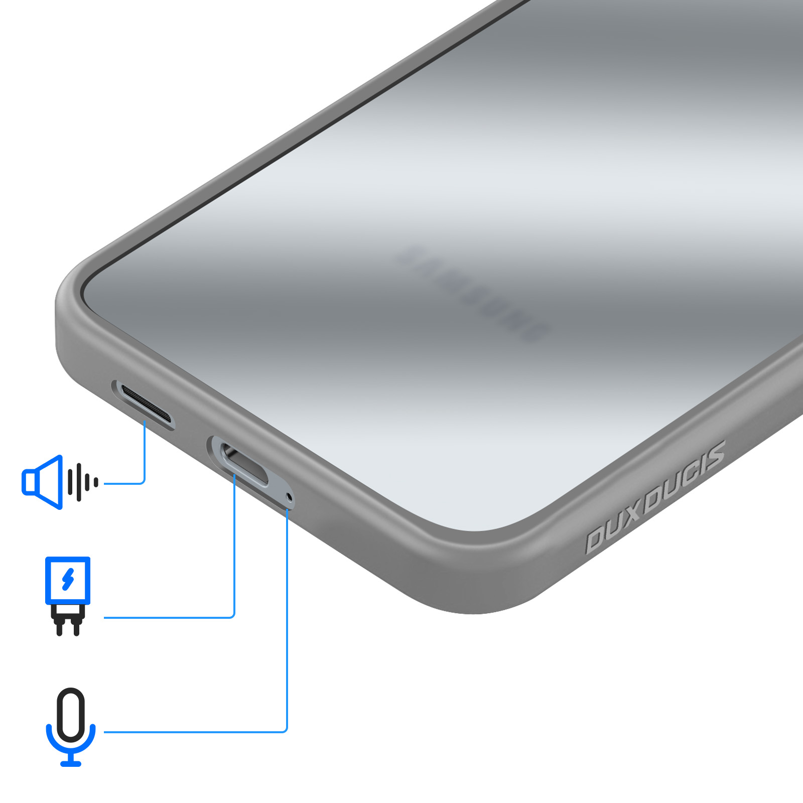 Grijze telefoonhoes met pictogrammen voor luidspreker, opladen en microfoon.