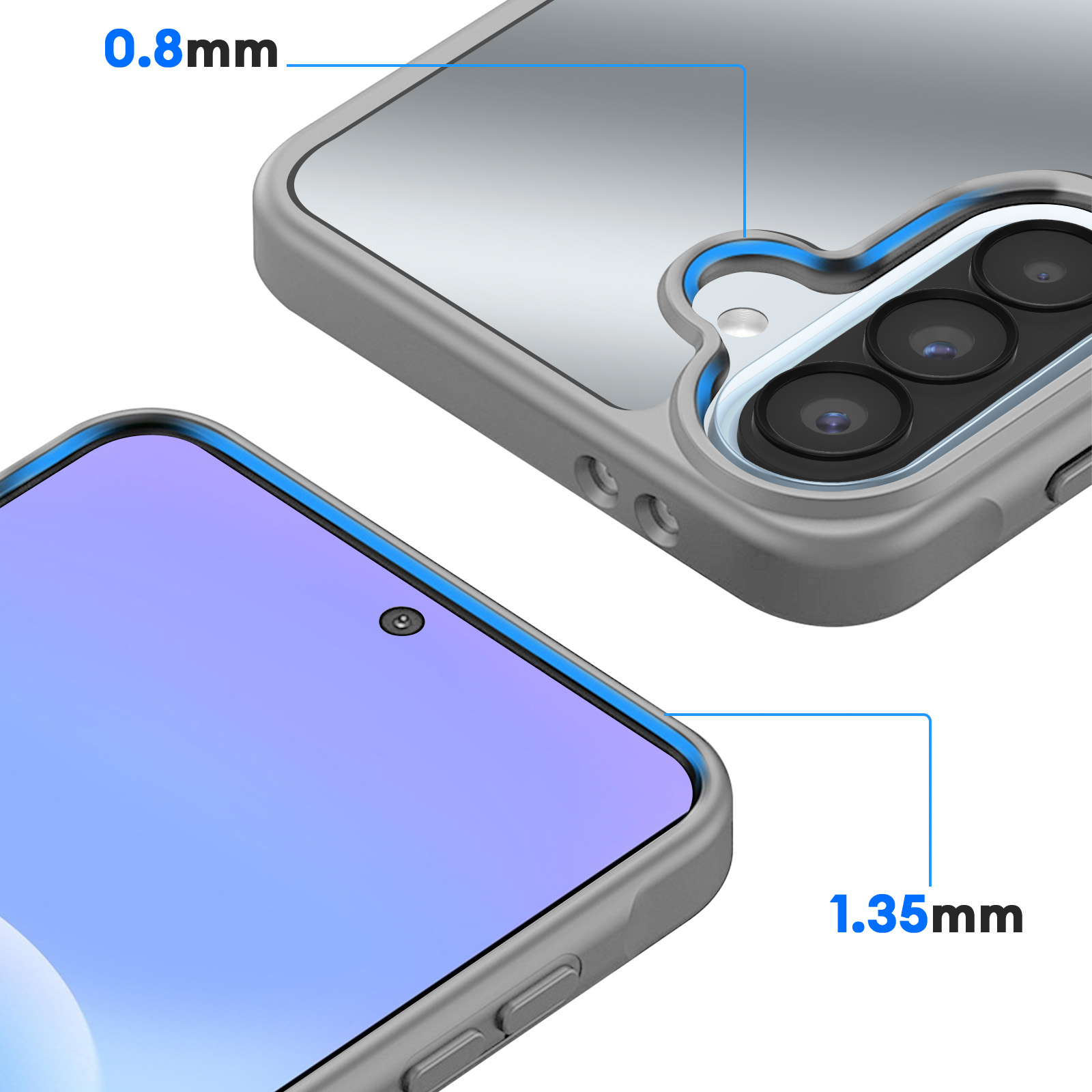 Telefoonhoesje met 0,8 mm verhoogde rand en 1,35 mm camerabescherming.