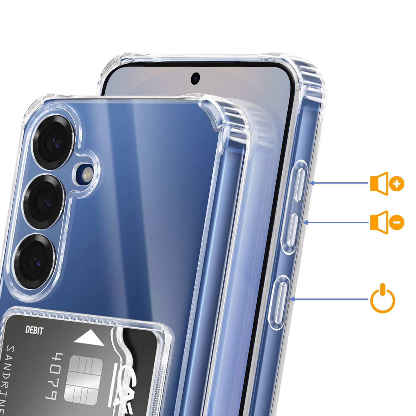 Transparente Hülle mit Kreditkartenhalter an einem blauen Smartphone.