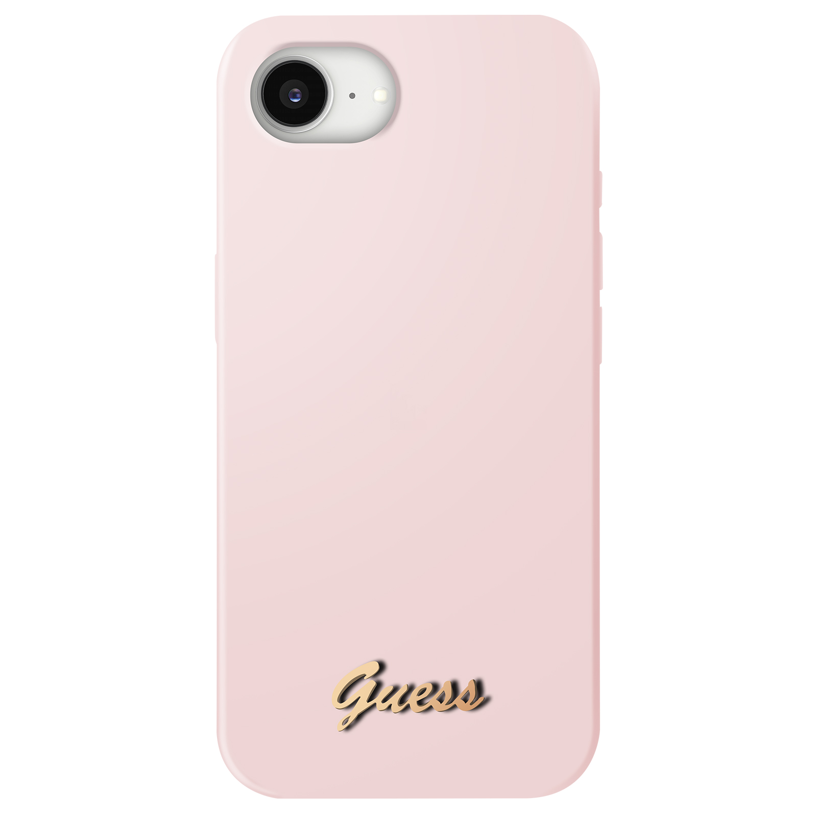 Une coque de téléphone rose avec un logo doré 'Guess' et découpe caméra.