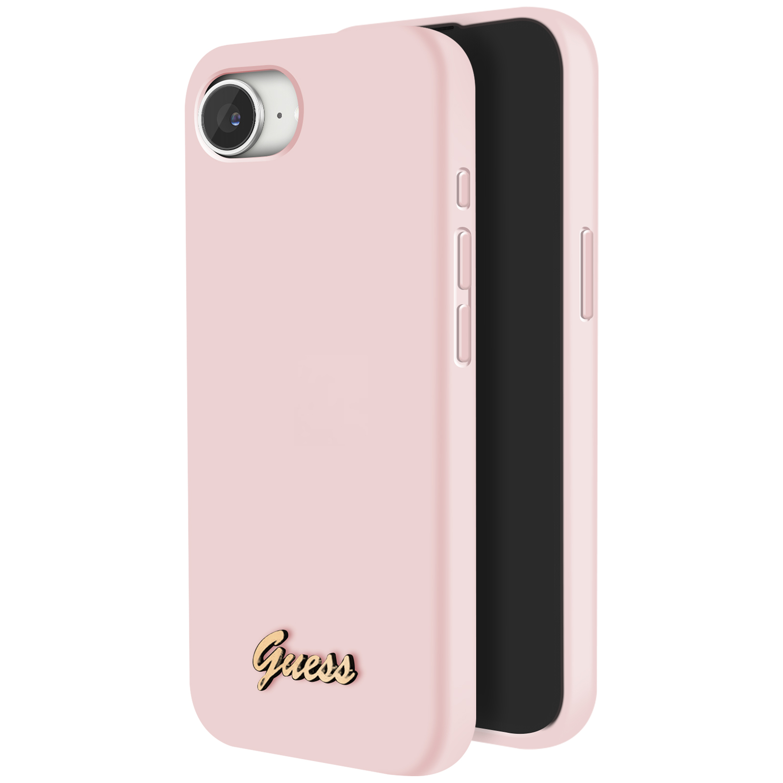Une coque de téléphone rose avec le logo Guess doré.