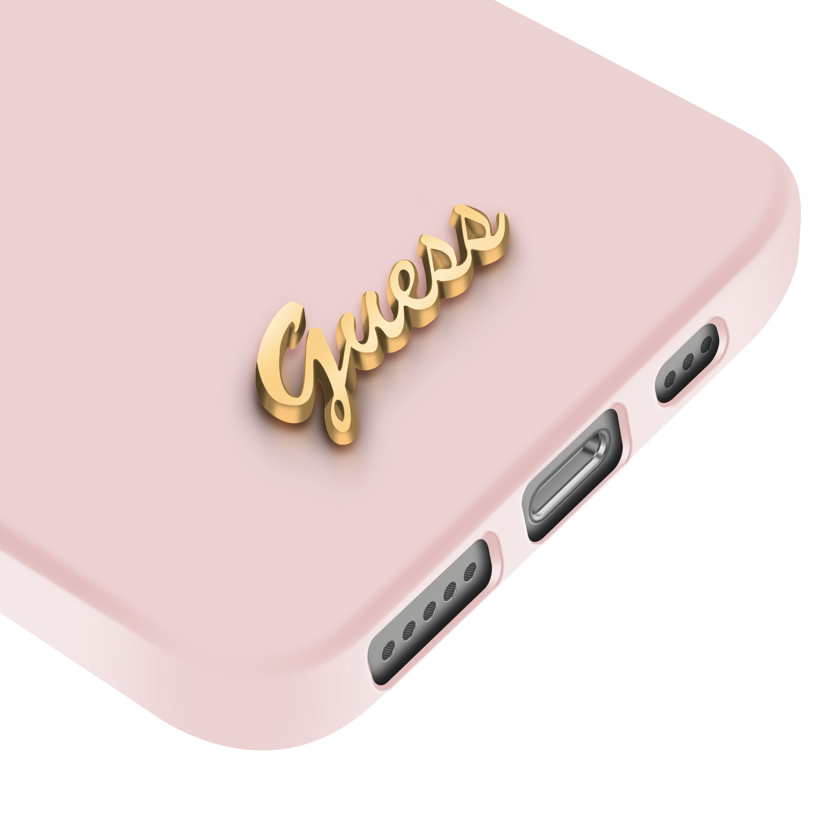 Une coque de téléphone rose avec logo doré "Guess" et boutons latéraux.