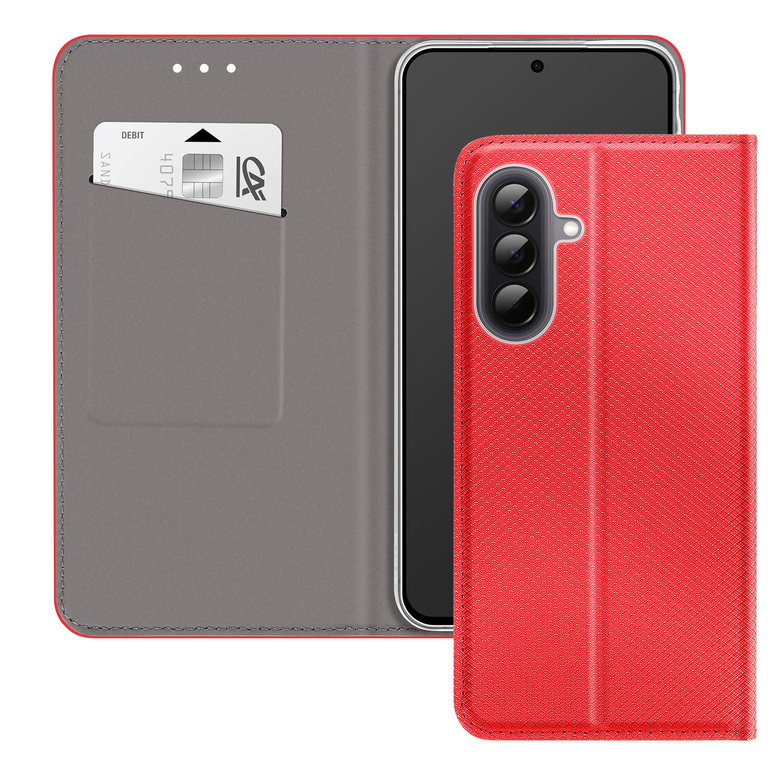 Rotes Handy-Flip-Case mit Kartenschlitz und drei Kameralinsen.