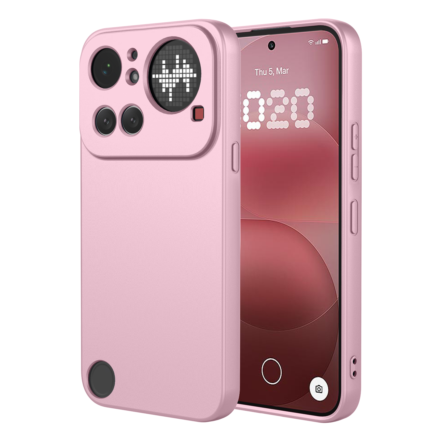 Un étui de téléphone rose avec module caméra et petit écran.