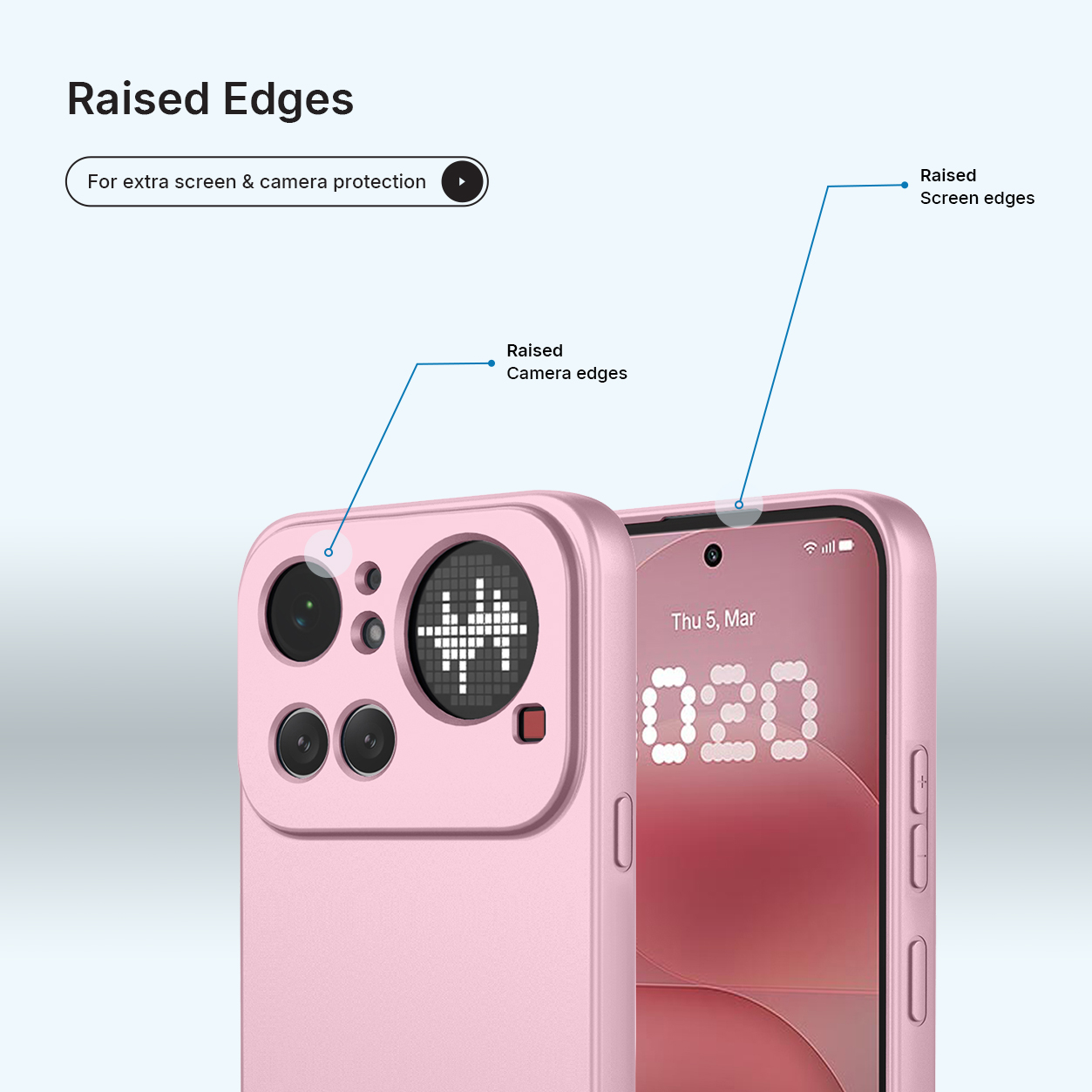 Coque de téléphone rose avec bords surélevés pour protéger appareil photo et écran.