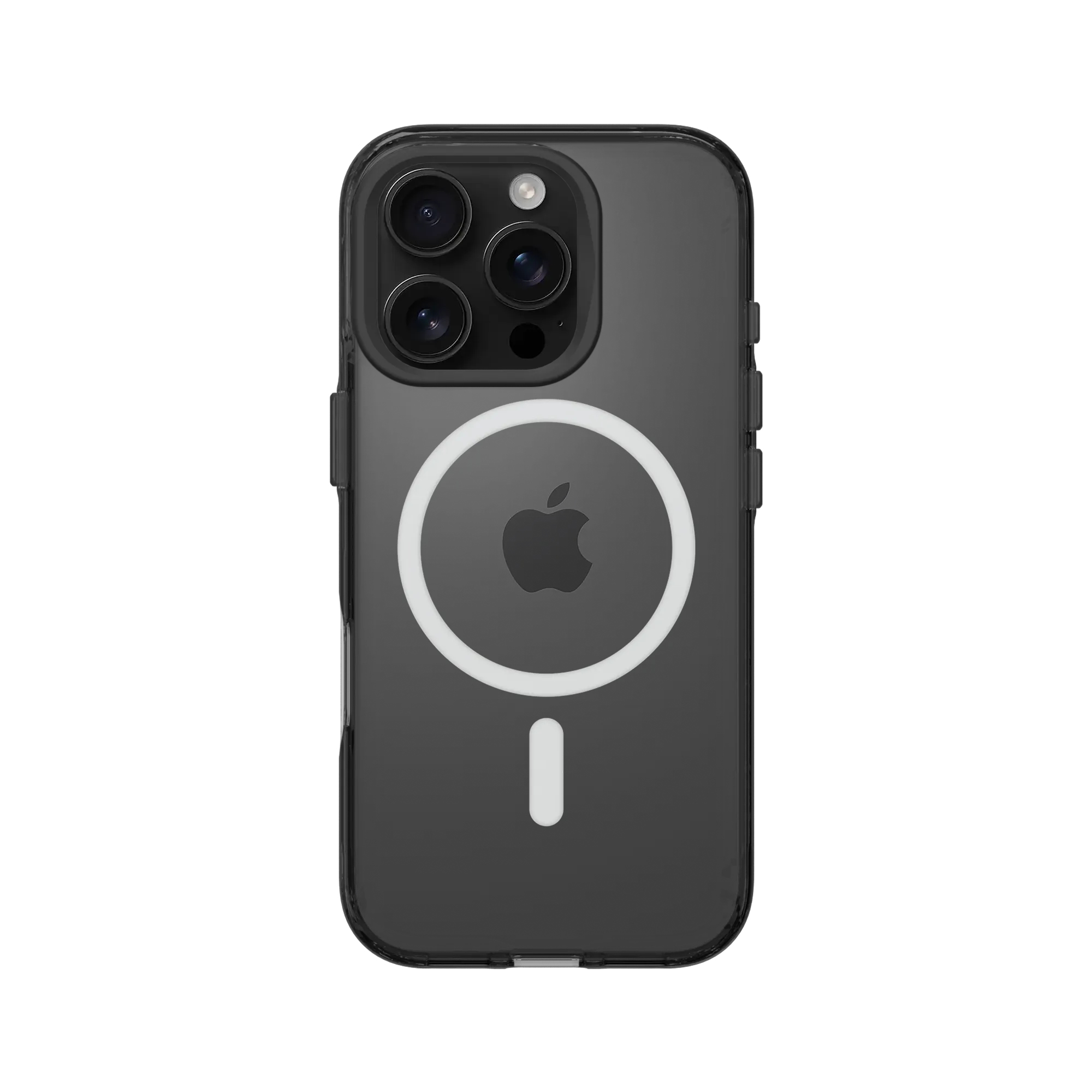 Coque transparente avec logo Apple et anneau magnétique au dos d'un iPhone.