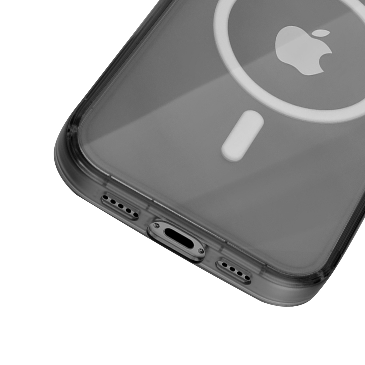 Coque de téléphone transparente avec logo Apple et port de charge.